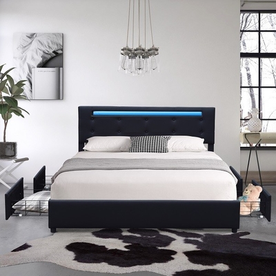 Kraliçe Döşemeli Platform Karyola Çerçevesi Siyah Faux Deri Metal LED Işıklı Dört Çekmece