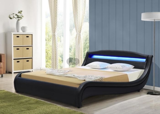 ROSH LED Döşemeli Yatak Kontrplak Siyah Suni Deri Kral Boy Düşük Modern Ahşap Karyola