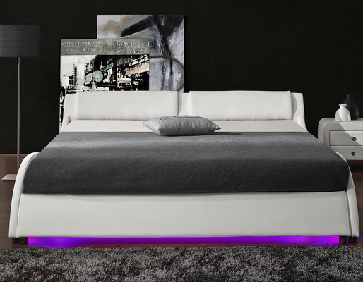 2 LED Işık Karyola Çift Kişilik Döşemeli Platform PU Deri
