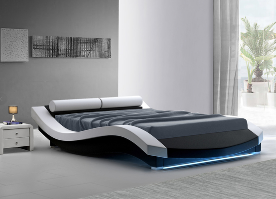 LED Footboard ile Dalga Şekli Döşemeli Karyola PU Deri Kontrplak
