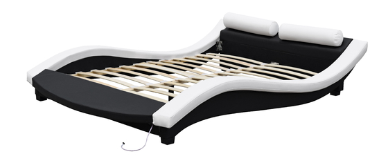 LED Footboard ile Dalga Şekli Döşemeli Karyola PU Deri Kontrplak