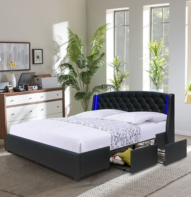 Modern Kraliçe MDF Ahşap Çift Kişilik Yatak, Saklama Kutulu 4 Çekmeceli