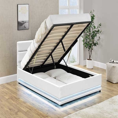 Beyaz 150x200 CM Platform LED Karyola Otomatik Gaz Kaldırma, Saklama Kutulu