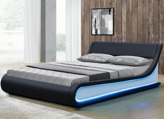 Çift Kişilik King Size LED Döşemeli Yatak Modern Siyah Suni Deri