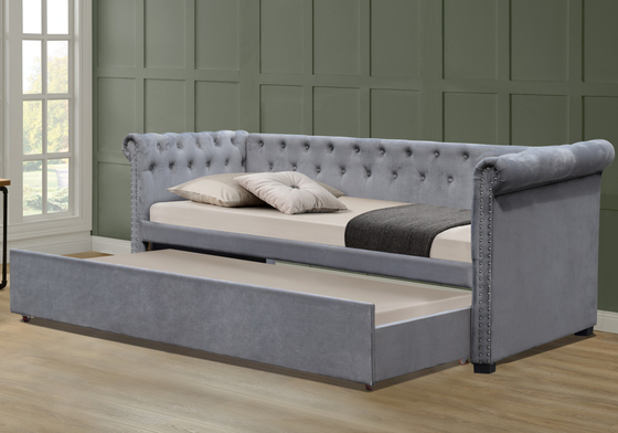 Keten Kumaş İkiz Döşemeli Daybed Püsküllü Çekyat Tekerlekli Yatak