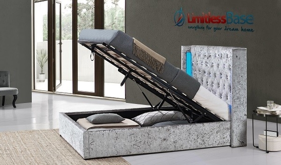 LED ve Kristal Düğmeli Gri Ezilmiş Kadife Kumaş Döşemeli Yatak Üreticileri