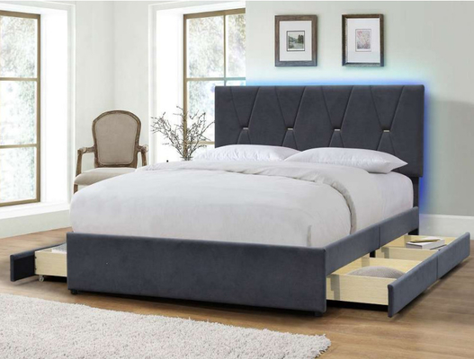 Döşemelik Ahşap Yatak Üreticileri LED Başlıklı Dört Çekmeceli Depolama King Size