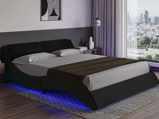 LED Başlıklı Modern Konforlu Kumaş Döşemeli Yatak Çerçevesi Eğri Şekli