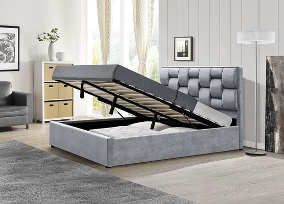 Gri kadife kumaş depolama yatak çerçevesi, tufted yüksek başlıklı