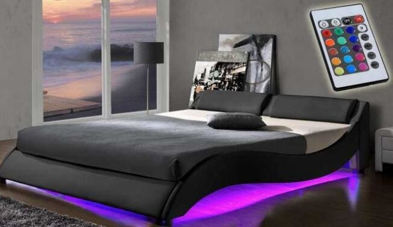 LED ile Toptan Döşemeli Kontrplak Karyola Dalga Şekli PU Deri