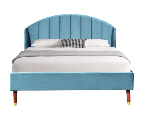 Minimalist Başlıklı Mavi Kadife Döşemeli King Yatak