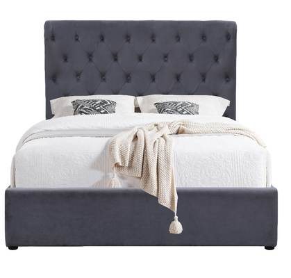 King Size 500 lbs Gaz Asansörü Depo Yatağı Gri Kadife Kumaş Başlıkta Tufted Düğmeler
