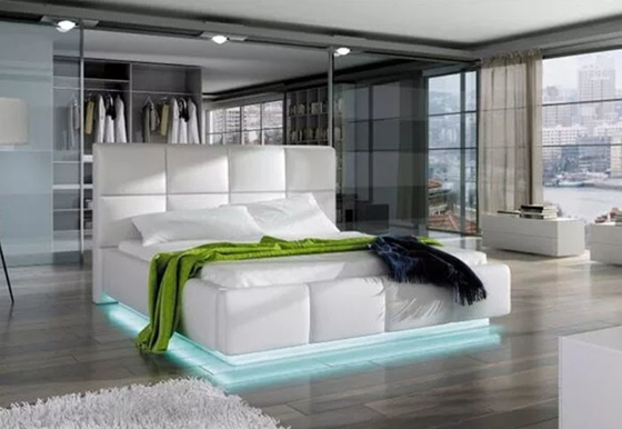 Lüks Depolama Modern Avrupa Platform Yatağı LED Işıklı Beyaz Faux Deri 180 * 200cm