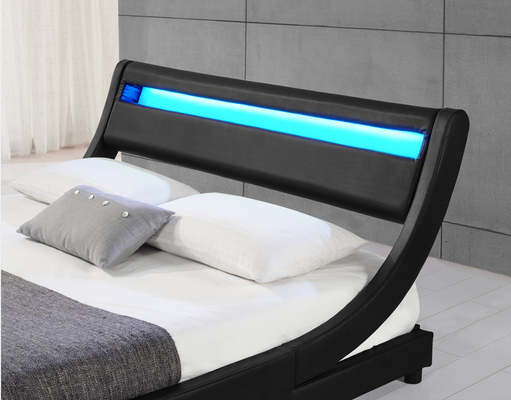 Kontrplak LED Döşemeli Yatak Işığı Başlık PU Siyah Deri Çift Kişilik Karyola