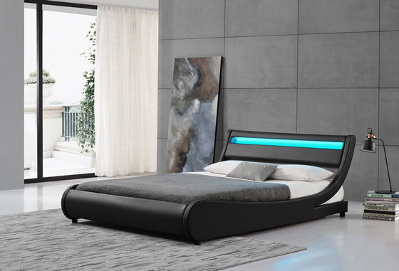 Kontrplak LED Döşemeli Yatak Işığı Başlık PU Siyah Deri Çift Kişilik Karyola