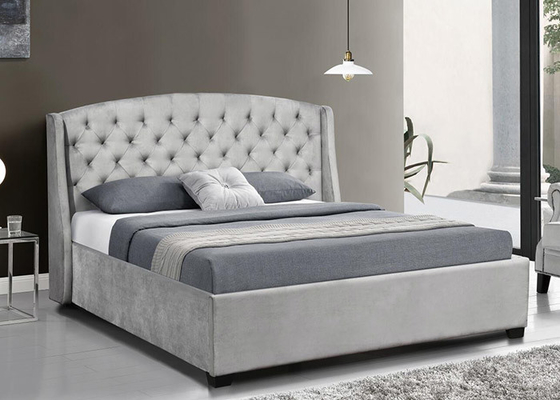 Döşemeli Wingback Kontrplak Karyola Koyu Gri Kadife Kanat Başlık Queen King